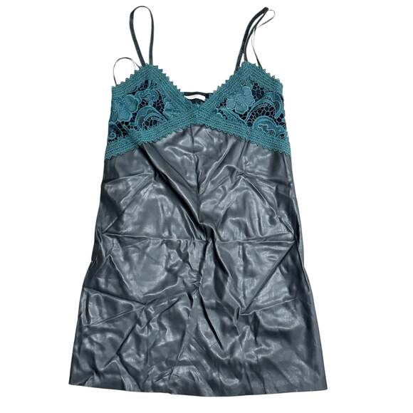 Zara Dresses & Skirts - Womens Zara TRF Faux Leather Crochet Lace Trim Slip Dress in Black and Teal